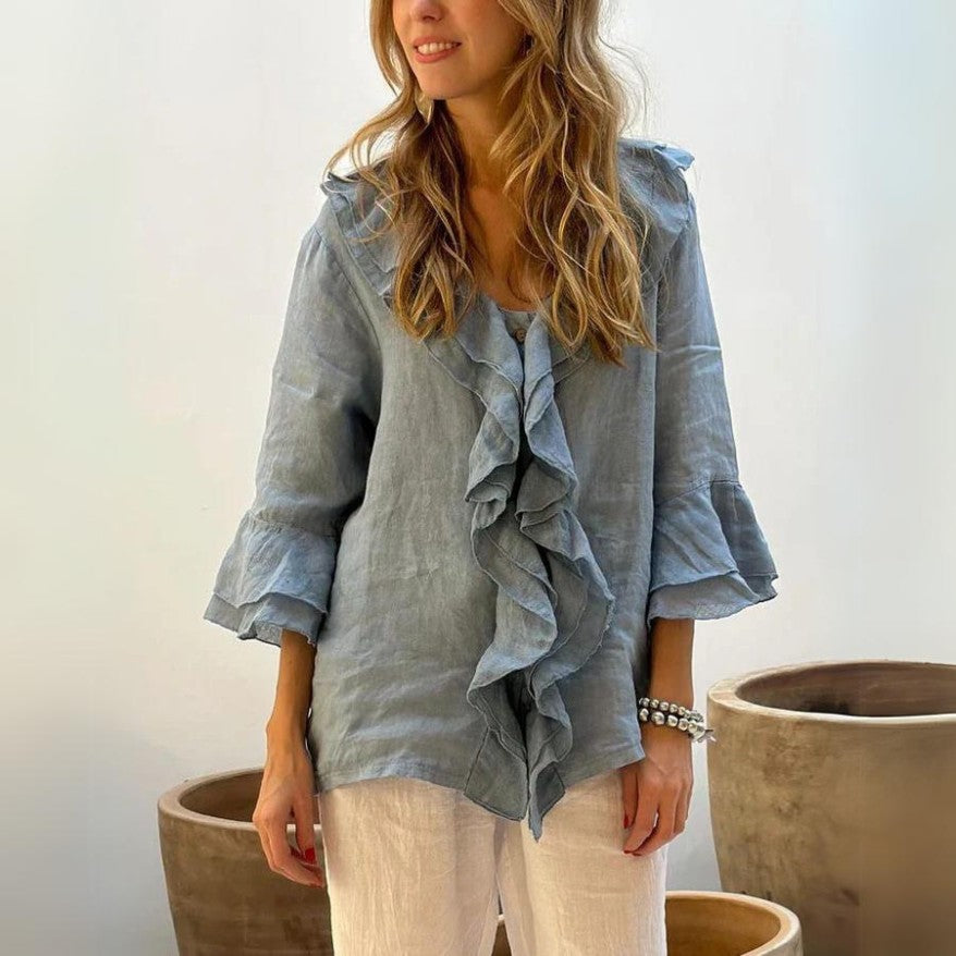 Rose™ - Ruffled Linen 3/4 Sleeves Shirt