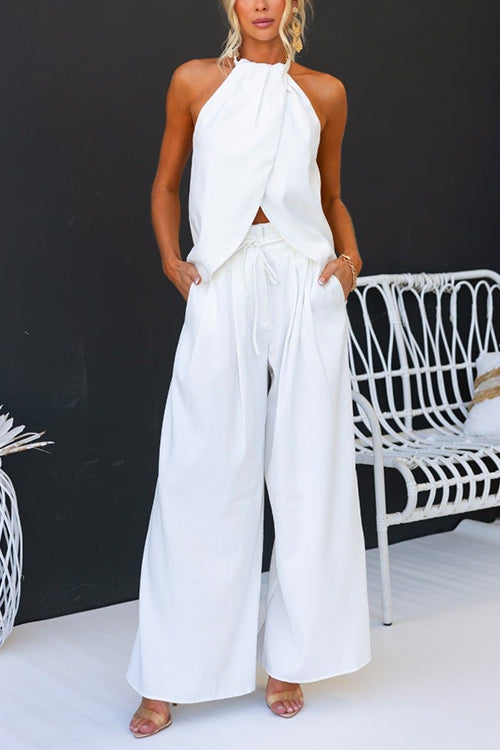 Ada | Sleeveless Halter Slit Top Tie Waist Wide Leg Pants Set