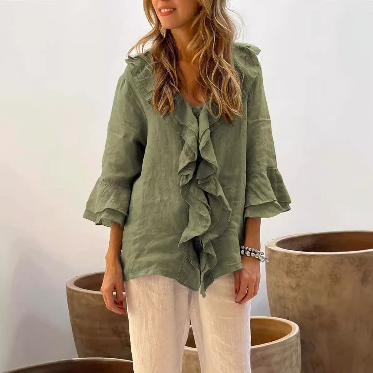 Rose™ - Ruffled Linen 3/4 Sleeves Shirt