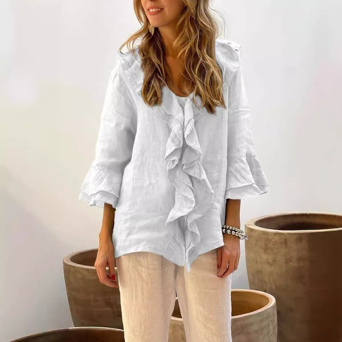 Rose™ - Ruffled Linen 3/4 Sleeves Shirt