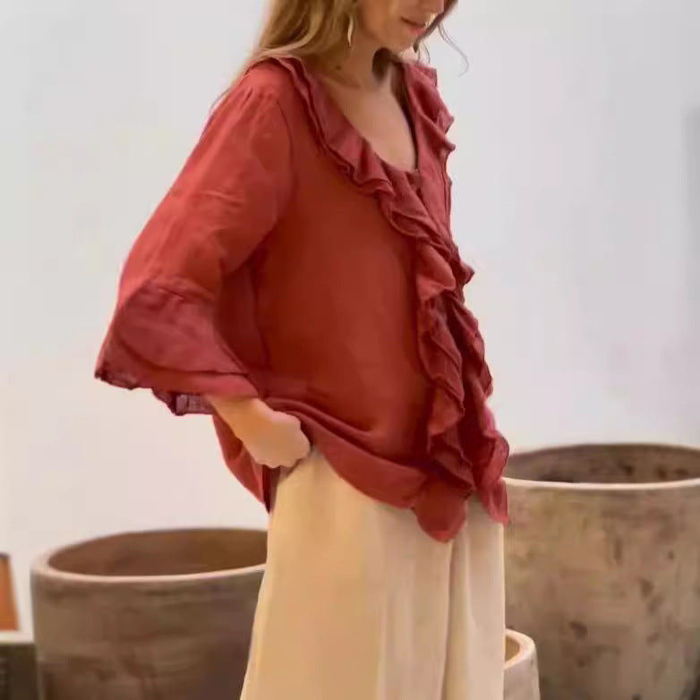 Rose™ - Ruffled Linen 3/4 Sleeves Shirt